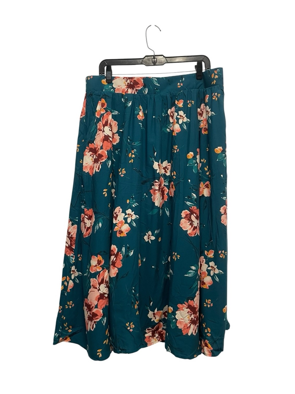 Torrid Size 1X teal floral midi skirt with pink, orange, and white flowers NEW